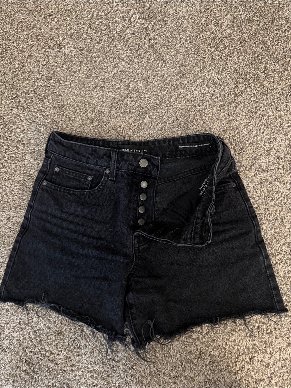 Denim Forum Black High-Rise Button-Front Frayed Hem Shorts